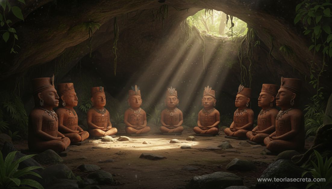 O segredo das urnas gigantes descobertas na Amazônia: O que a história não conta Ilustração artística ou fotografia de várias urnas antropomorfas dispostas em círculo dentro de uma gruta na Amazônia, sugerindo uma reunião de conselho tribal silencioso, com feixes de luz natural entrando por fendas na rocha.