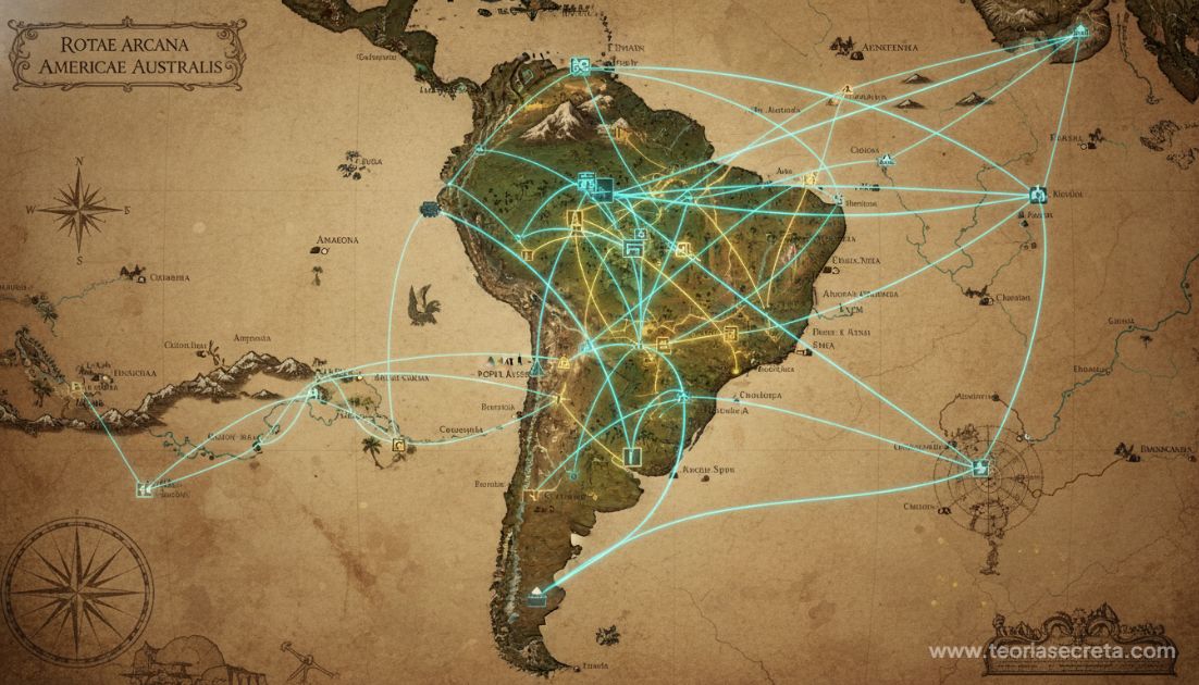 O segredo das urnas gigantes descobertas na Amazônia: O que a história não conta Mapa antigo estilizado da América do Sul sobreposto com linhas brilhantes conectando sítios arqueológicos da Amazônia aos Andes, sugerindo rotas comerciais perdidas ou linhas de energia ley, com foco na região do Amapá.