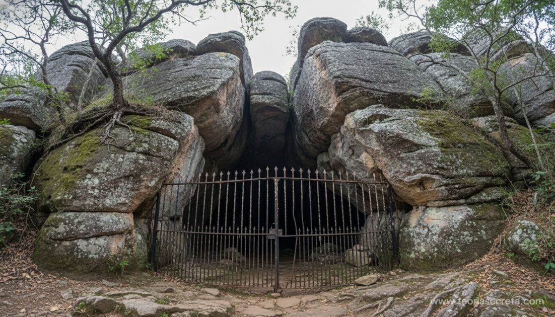 A entrada da Gruta do Carimbado, com rochas de quartzito imponentes e uma grade de ferro enferrujada bloqueando o acesso, sugerindo mistério.