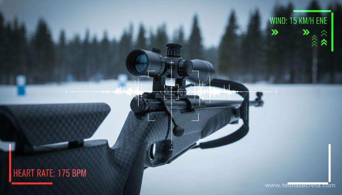Close-up artístico de um rifle de biatlo moderno, focando nos detalhes de fibra de carbono e na mira de precisão, com sobreposição digital sutil de dados biométricos (batimentos cardíacos, vento) como se fosse um display de Exterminador do Futuro.