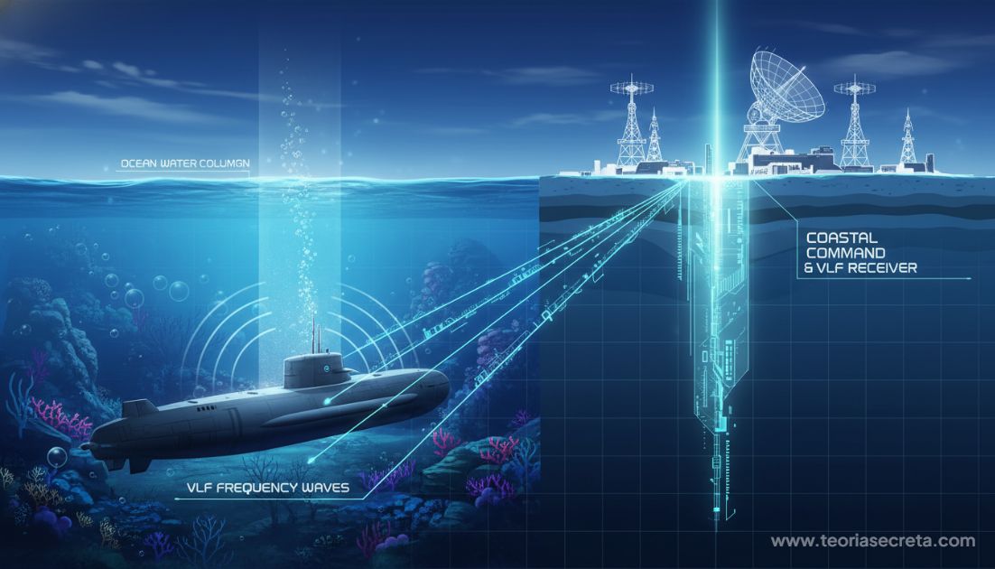 Gráfico esquemático ou arte conceitual mostrando um submarino militar no fundo do oceano emitindo ondas de frequência VLF, com linhas abstratas conectando-o à costa.