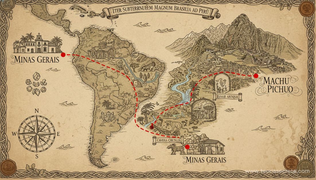 Ilustração artística estilo mapa antigo mostrando uma linha subterrânea imaginária conectando o Brasil (Minas Gerais) até o Peru (Machu Picchu).