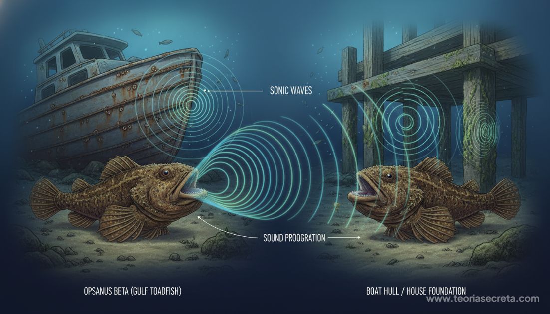 Ilustração científica mostrando um peixe-sapo (Toadfish) subaquático emitindo ondas sonoras visíveis que reverberam no casco de um barco ou nas fundações de uma casa próxima à água.