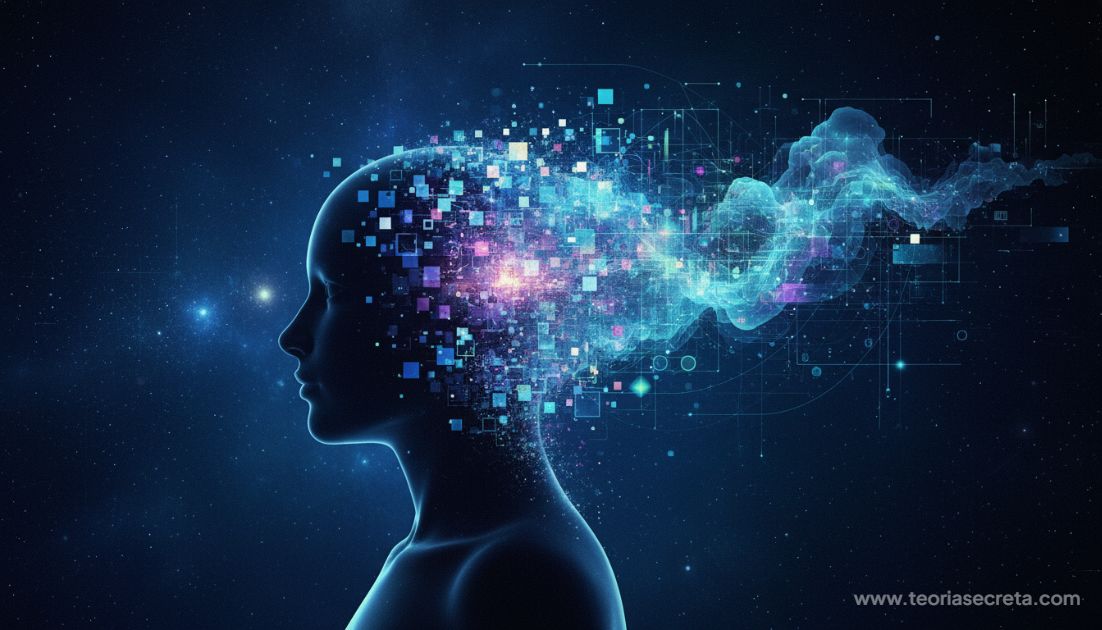 Ilustração conceitual e artística mostrando uma silhueta humana de perfil onde o cérebro se dissolve em pixels digitais luminosos que se conectam a uma nuvem de dados, representando a fusão entre biológico e digital.