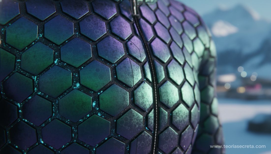 Imagem macroscópica de um tecido de traje de esqui de alta tecnologia, mostrando uma textura de favo de mel ou escamas sintéticas que brilham levemente, sugerindo indestrutibilidade e nanotecnologia.
