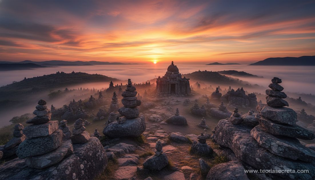 Paisagem panorâmica de São Thomé das Letras ao pôr do sol, focando nas construções de pedra empilhada com uma atmosfera mística e neblina baixa.
