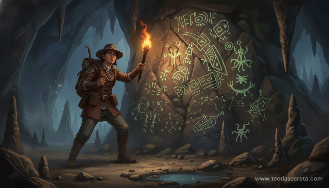Representação digital de um explorador dentro de uma caverna escura segurando uma lanterna, iluminando inscrições rupestres estranhas na parede.