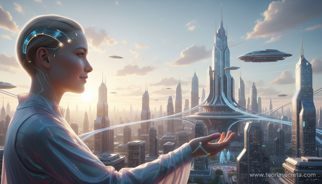 Uma imagem futurista e esperançosa mostrando um ser humano com implantes sutis de luz na têmpora, olhando para o horizonte de uma cidade tecnológica, sugerindo a evolução pacífica da espécie via tecnologia.