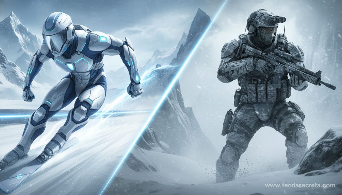 Uma montagem dividida ao meio: no lado esquerdo, um esquiador olímpico futurista em posição aerodinâmica; no lado direito, um soldado de operações especiais em ambiente de neve com equipamento similar. Iluminação azul gelo e cinza tático.
