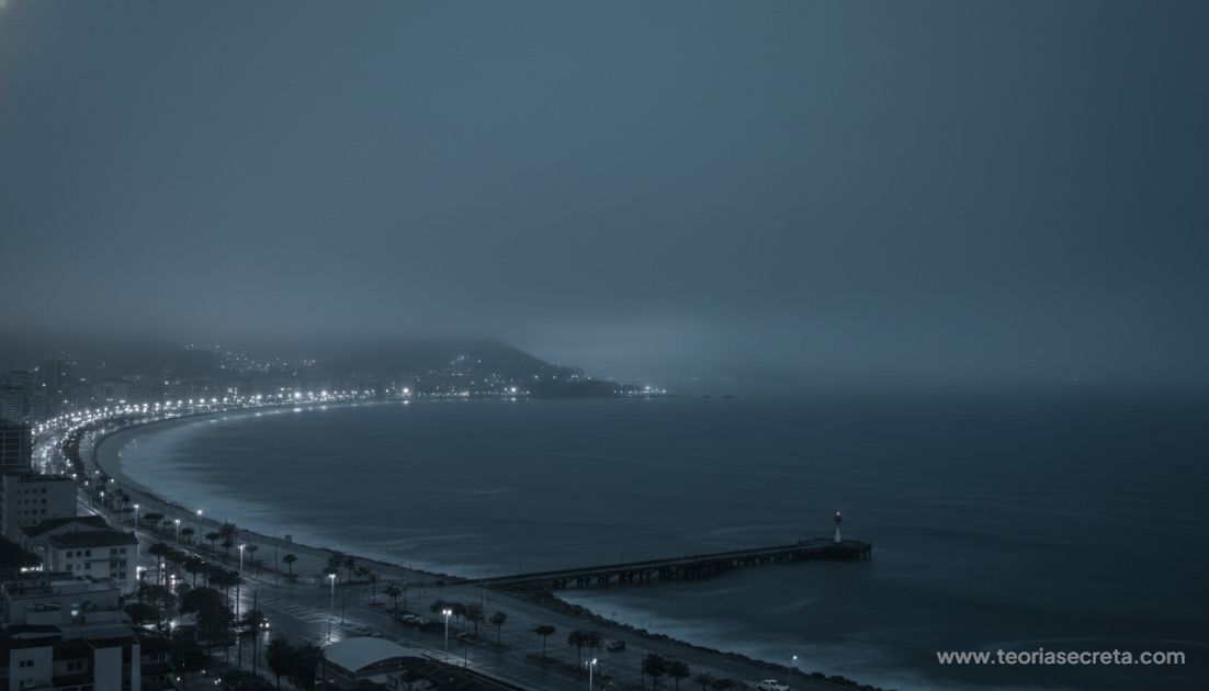 Uma paisagem noturna de uma cidade litorânea brasileira com névoa, atmosfera misteriosa e tons de azul escuro e cinza, sugerindo isolamento e silêncio visual contrastando com o ruído invisível.