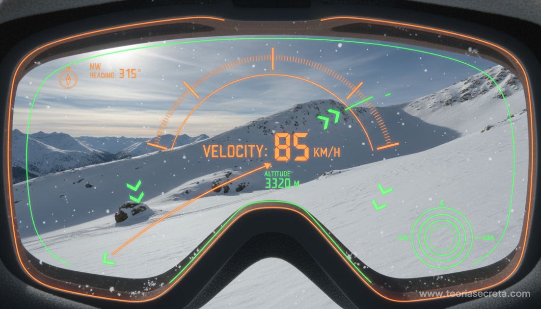 Visão em primeira pessoa (POV) de dentro de um óculos de esqui (goggles), mostrando uma montanha nevada com sobreposições de realidade aumentada (velocidade, altitude, trajetória ideal) em neon laranja ou verde.