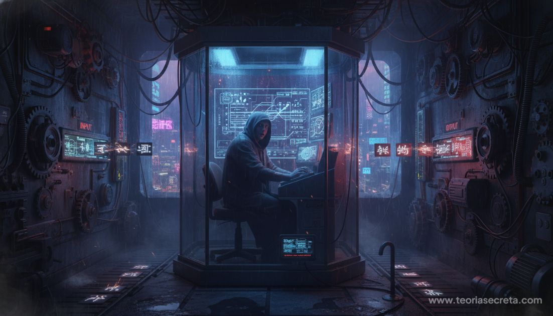 Visualização do conceito da 'Sala Chinesa': uma pessoa dentro de um quarto mecânico complexo recebendo símbolos por uma fresta e devolvendo outros, sem entender o significado, com uma estética cyberpunk sombria.
