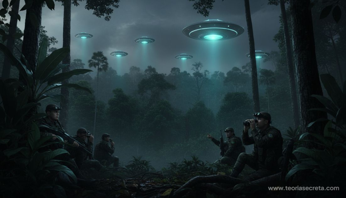 Arte conceitual fotorrealista mostrando luzes misteriosas (óvnis) pairando sobre a densa floresta amazônica durante a noite, com militares brasileiros observando escondidos nas sombras, referência à Operação Prato.