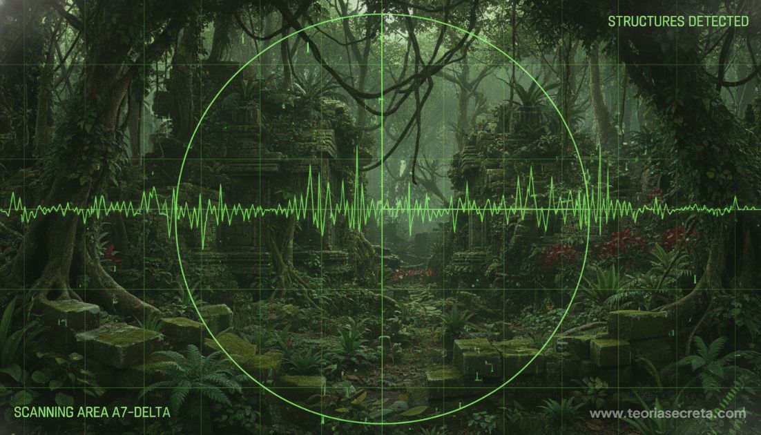 Composição digital mostrando antigas estruturas de pedra (ruínas) parcialmente encobertas por raízes e vegetação densa da Amazônia, vistas por uma tela de radar com interferência estática verde militar.