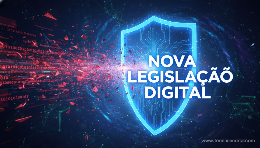 Ilustração abstrata e futurista representando comentários tóxicos e palavras agressivas em formato de código binário vermelho sendo bloqueados e estilhaçados por um escudo digital azul brilhante, simbolizando a nova legislação na internet.
