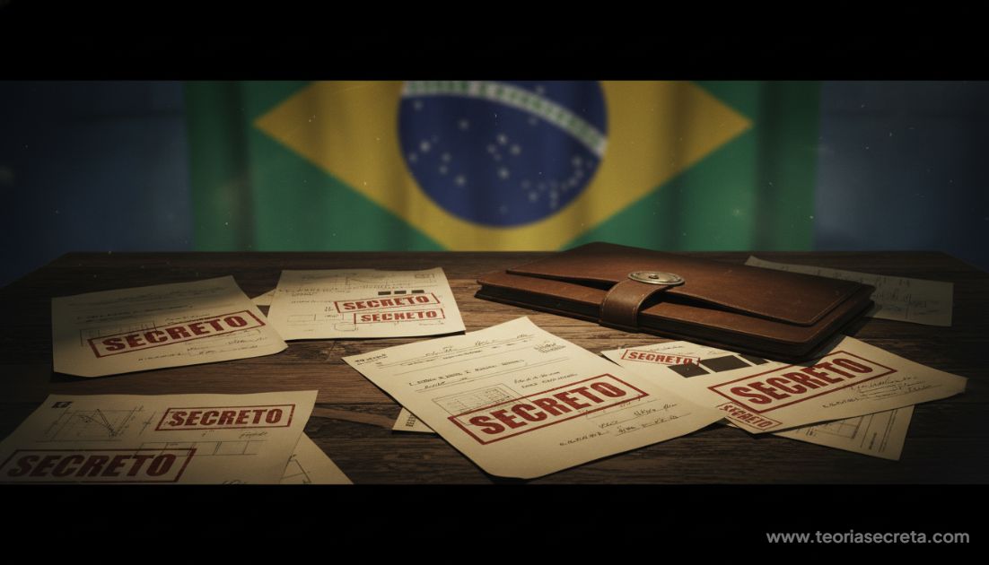 Ilustração em estilo cinematográfico mostrando documentos confidenciais sobre uma mesa de madeira escurecida, com o carimbo 'SECRETO' e a bandeira do Brasil ao fundo em desfoque, criando uma atmosfera de suspense e mistério.