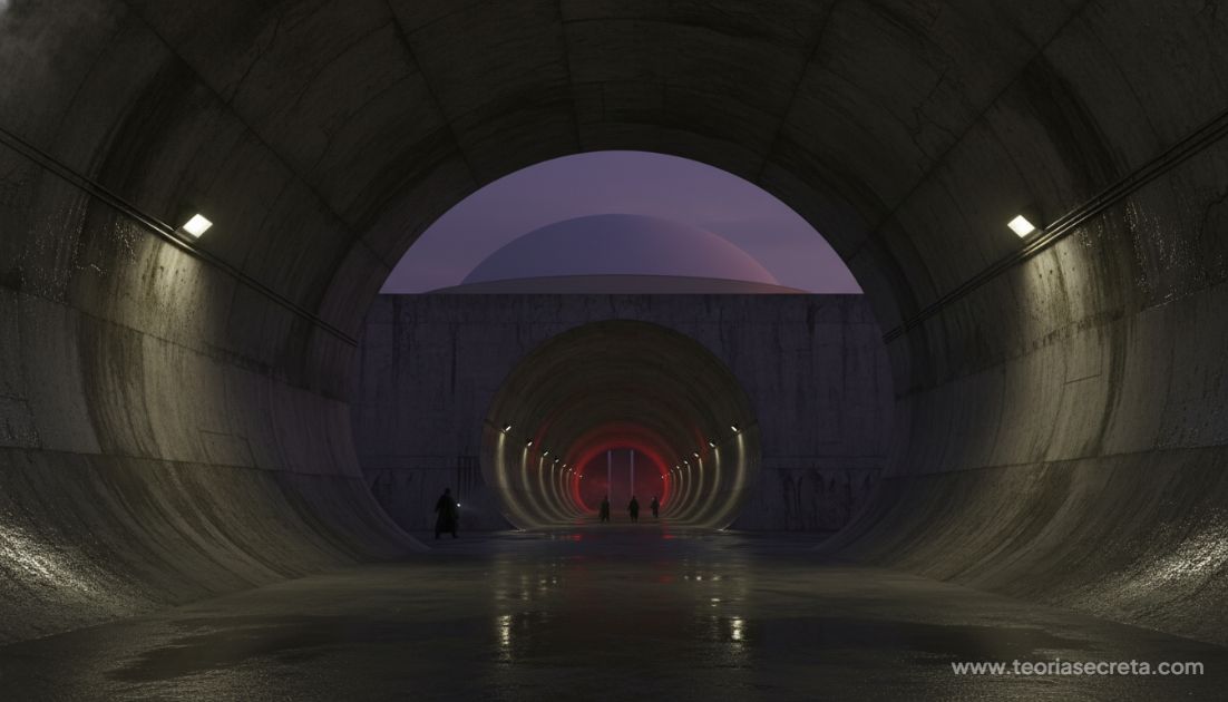 Imagem escura e misteriosa de uma vasta rede de túneis de concreto iluminada por lâmpadas fracas de tom amarelado, com a silhueta da cúpula do Congresso Nacional de Brasília vista de baixo para cima, como um bunker subterrâneo.