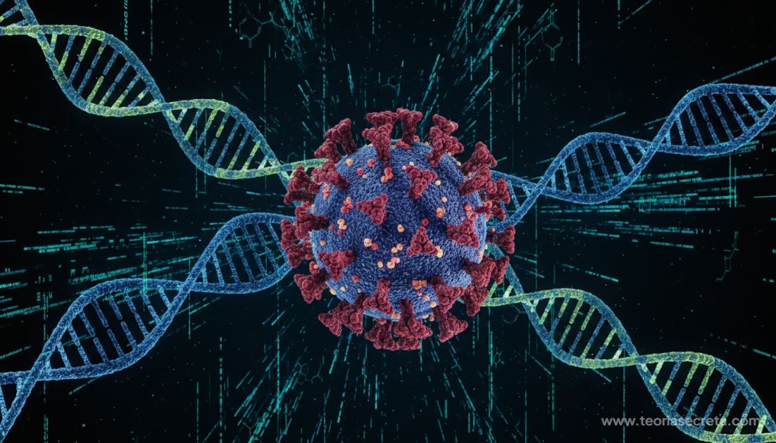 Ilustração 3D hiper-realista da estrutura microscópica do vírus SARS-CoV-2 flutuando em um ambiente escuro, com fitas de DNA brilhantes e linhas de código holográfico ao redor, simbolizando a análise genética do patógeno.