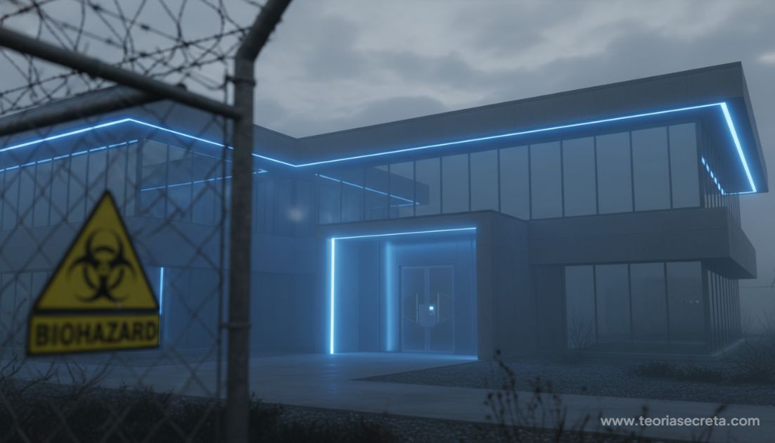 Imagem realista em estilo documental mostrando a fachada de um moderno laboratório de segurança máxima, com luzes azuis frias, cercado de neblina leve. No foco, uma cerca de metal com um sinal de risco biológico desfocado em primeiro plano.