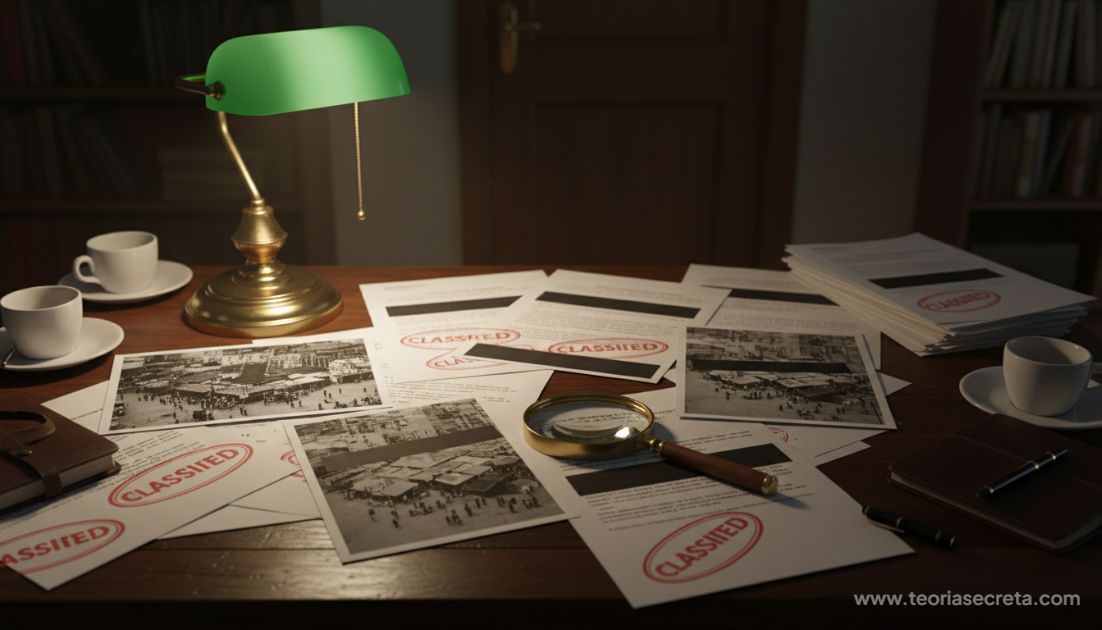 Uma mesa de escritório escura, iluminada por um abajur, cheia de documentos confidenciais manchados com carimbos de 'CLASSIFIED', fotos aéreas de mercados e relatórios com partes censuradas por tarjas pretas. Uma lupa sobre os papéis.