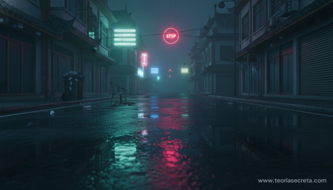 Uma visão cinematográfica, realista e sombria de uma rua de cidade asiática vazia durante um lockdown à noite, com luzes de neon fracas refletindo em poças d'água no asfalto. Clima de mistério e silêncio.